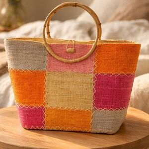 Patchwork Straw Tote Bag Womens Multi Color with Bamboo Handle Boho